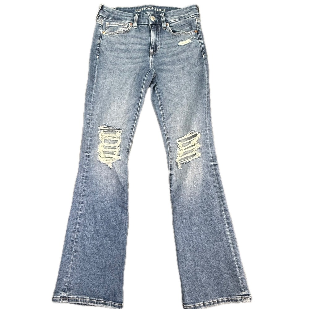 American Eagle Skinny Kick Jeans Womens 2 Short Blue Curvy High Rise Distressed